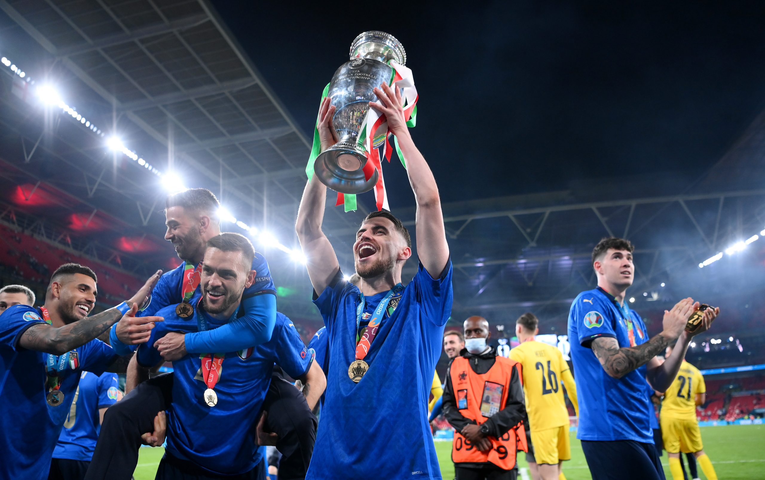 Jorginho of Italy celebrates with the European Championship Trophy