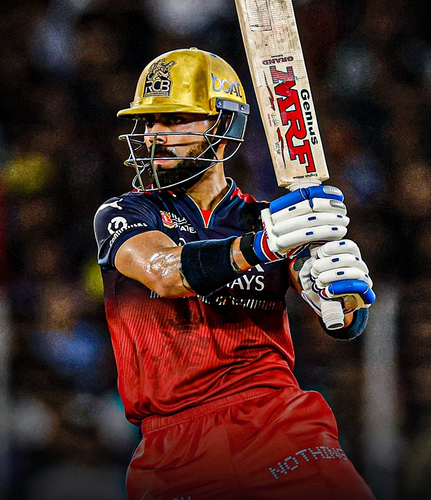Cricketer playing a shot in a gold helmet