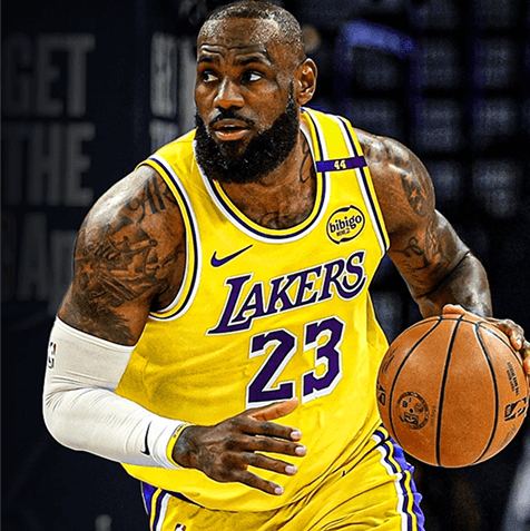 LeBron James dribbling in a Lakers jersey
